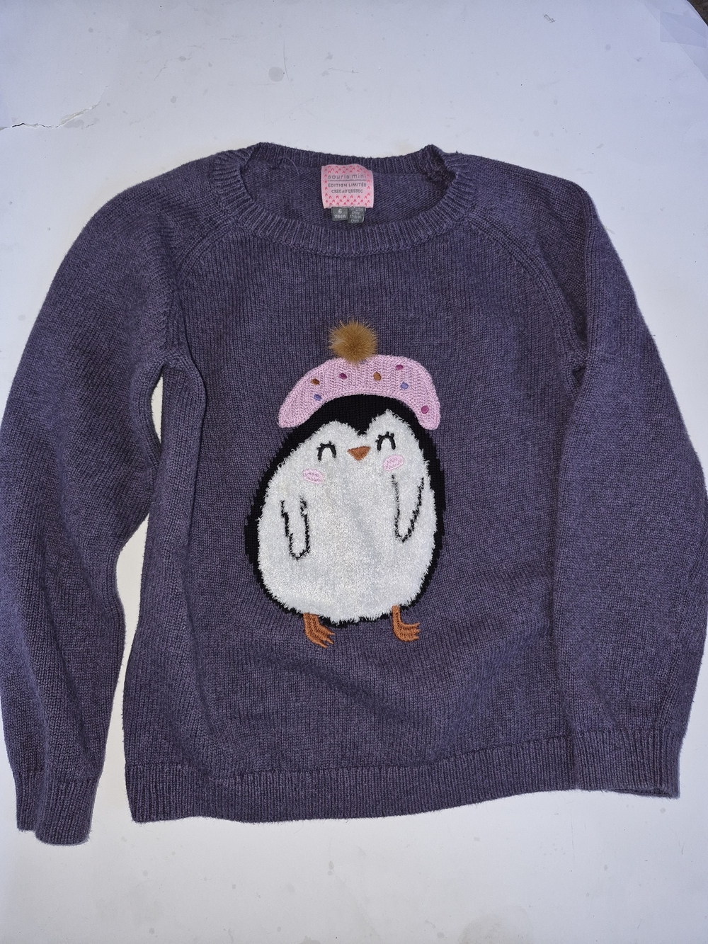 Girls Grey Purple Souris-Mini Penguin Knit Sweater Size 6